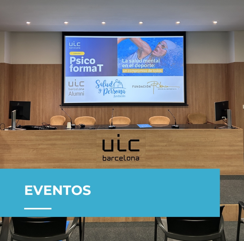 Imagen del evento PsicoFormaT: Salut Mental i Esport Imagen del espacio del evento con la gráfica visual del encuentro de fondo, dedicada a la salud mental en el deporte, durante la jornada celebrada en el Campus Iradier de UIC Barcelona.